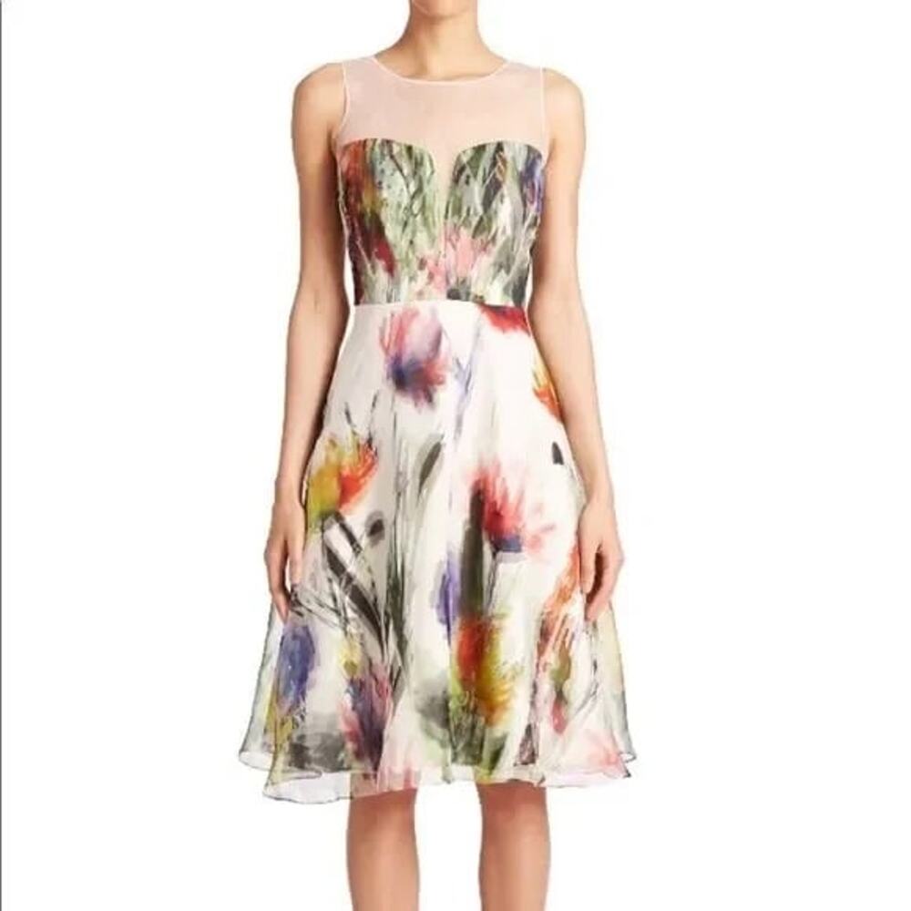Badgley Mischka Sleeveless Illusion Floral-Print Dress